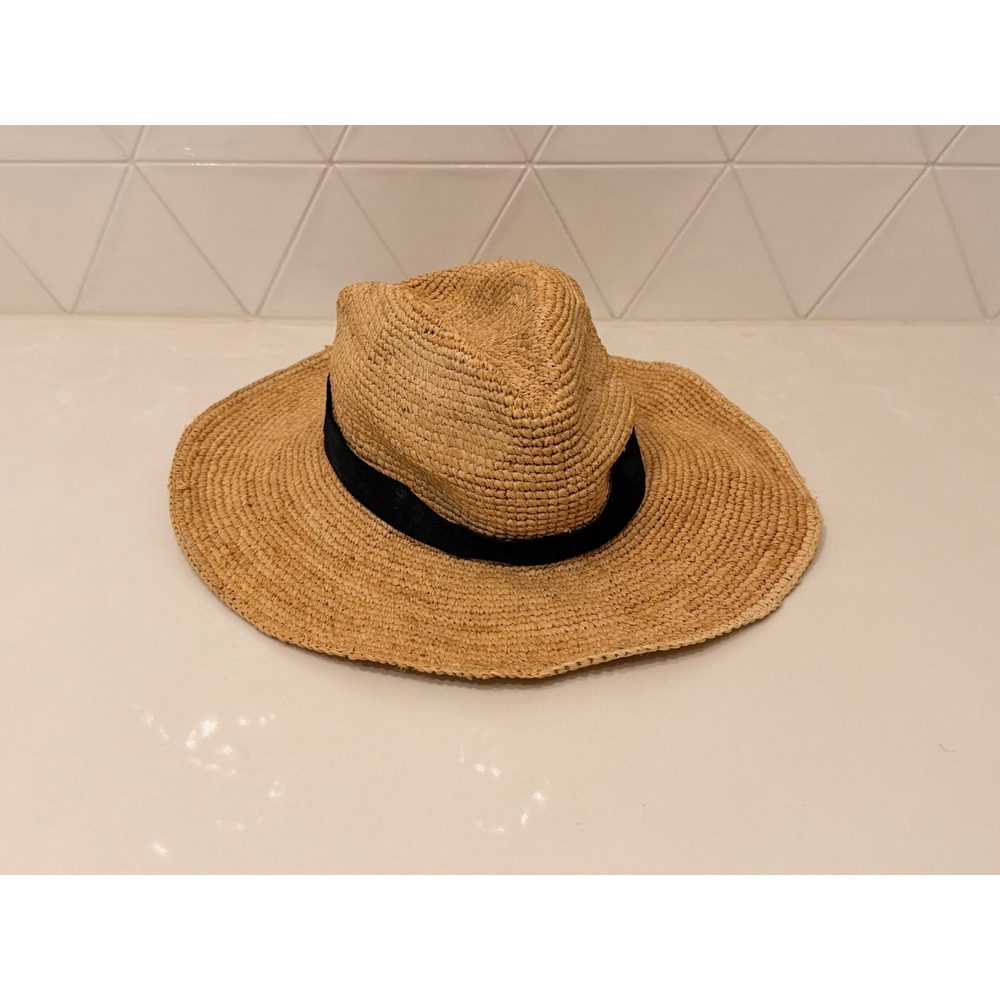 J.Crew Textured Summer Fedora Raffia Straw‎ Sun Hat Tan Black Ribbon G6551 S/M